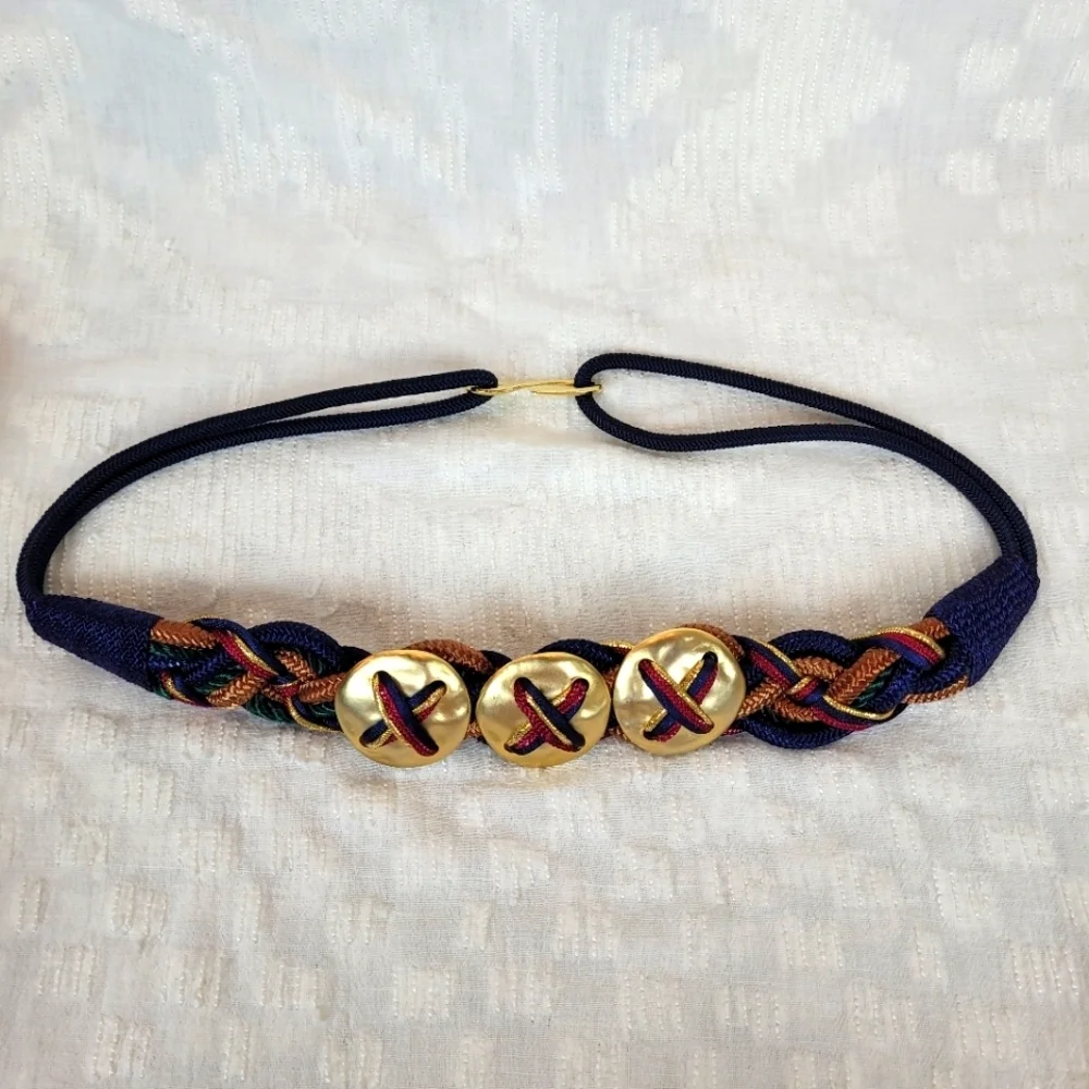 Vintage 80's navy maroon green gold braid woven belt three circle gold accents M